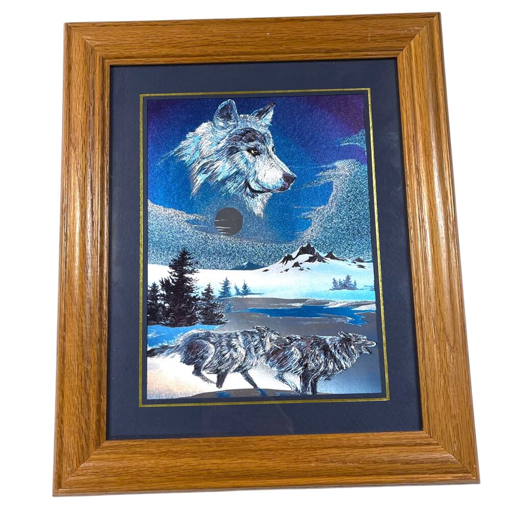 Vintage Wolf Foil Art Framed Signed Brennan “Wolf Creek Run” KC MO